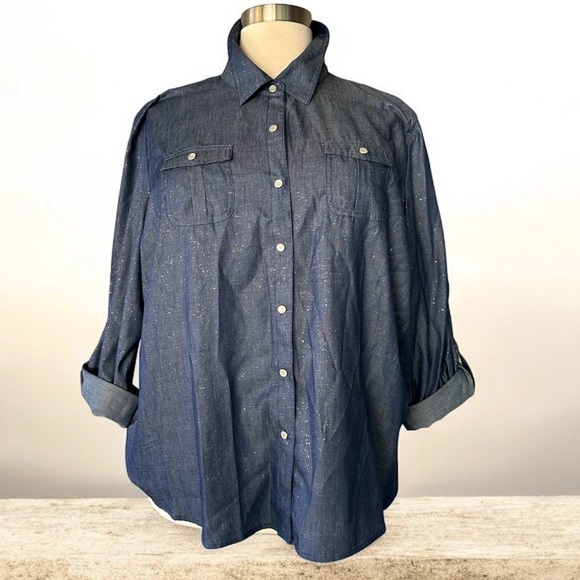 C.D. Daniels Tops - NWT!Blue Sparkles Pocket Snap Up Cuffed Sleeves Size 3X